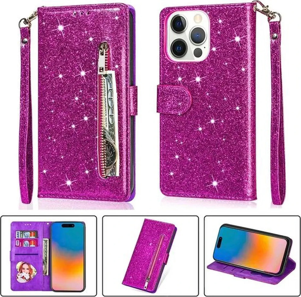 iPhone 15 Plus Hoesjes – Glitter Portemonnee Case – Rits – Koord – Pasjeshouder – Paars-Ilumina Benelux