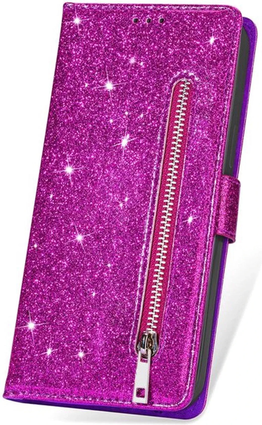 iPhone 15 Plus Hoesjes – Glitter Portemonnee Case – Rits – Koord – Pasjeshouder – Paars-Ilumina Benelux