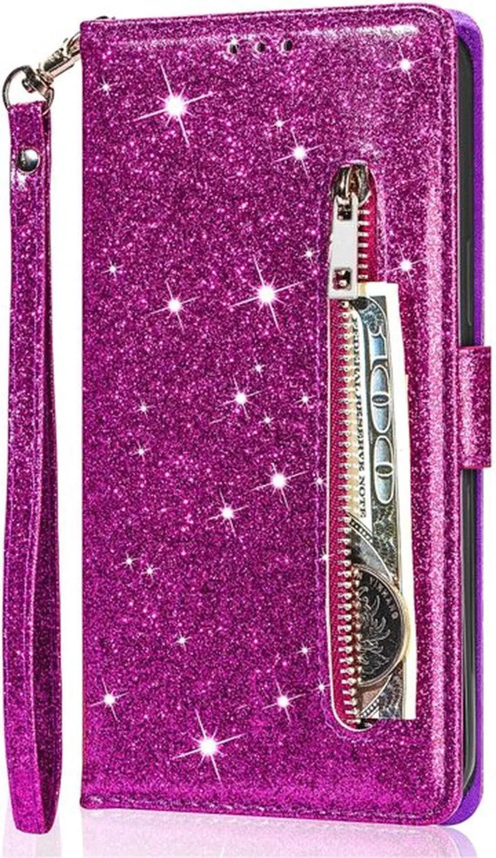 iPhone 15 Plus Hoesjes – Glitter Portemonnee Case – Rits – Koord – Pasjeshouder – Paars-Ilumina Benelux