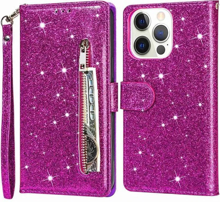 iPhone 15 Pro Max Hoesjes – Glitter Portemonnee Case – Rits – Koord – Pasjeshouder – Paars-Ilumina Benelux