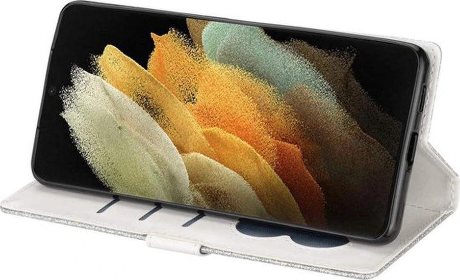 Samsung Galaxy A14 Hoesjes – Glitter Portemonnee Case – Rits – Koord – Pasjeshouder – Zilver