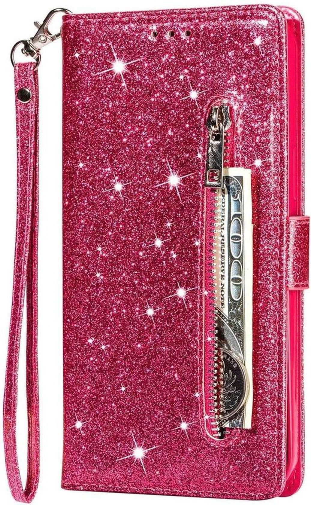 Glitter Wallet Case Geschikt voor: Samsung Galaxy A14 (4G & 5G) Hoesje met Rits, Koord en Pasjeshouder - Roze