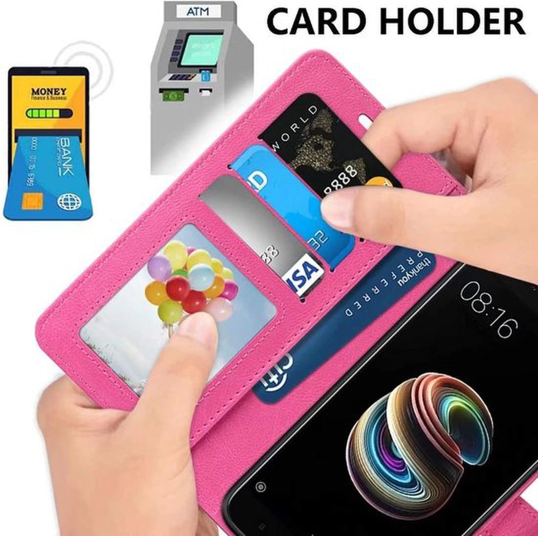 Motorola One Vision Hoesjes – Portemonnee Bookcase – Pasjeshouder – Magneetsluiting – Roze