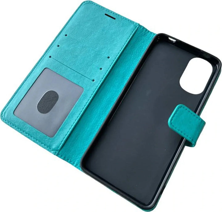 Motorola Moto E32 Hoesjes – Portemonnee Bookcase – Pasjeshouder – Magneetsluiting – Turquoise-Ilumina Benelux