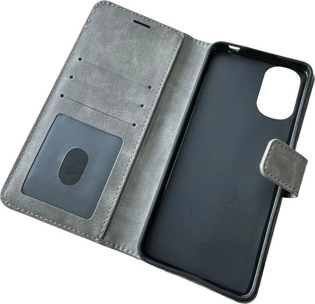 Motorola Moto E32 Hoesjes – Bookcase Portemonnee Hoes – Pasjeshouder – Magneetsluiting – Grijs