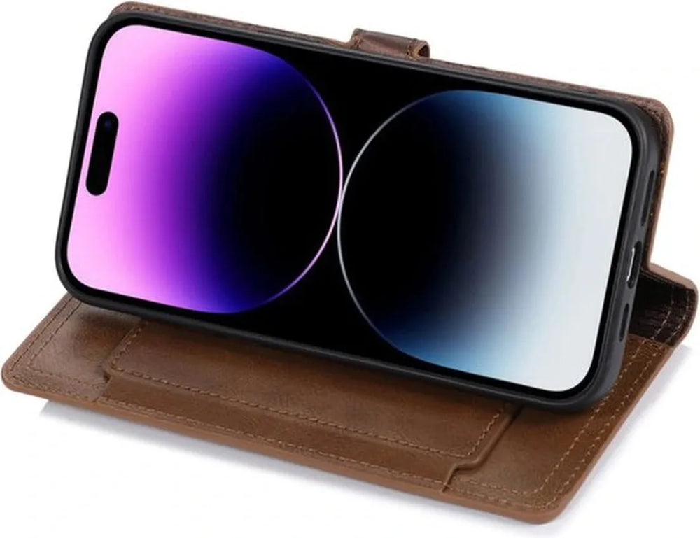 iPhone 15 Pro Max Hoesjes – Portemonnee Flipcover met Ritssluiting – Magneetsluiting – 5 Pasjeshouder – Donkerbruin-Ilumina Benelux