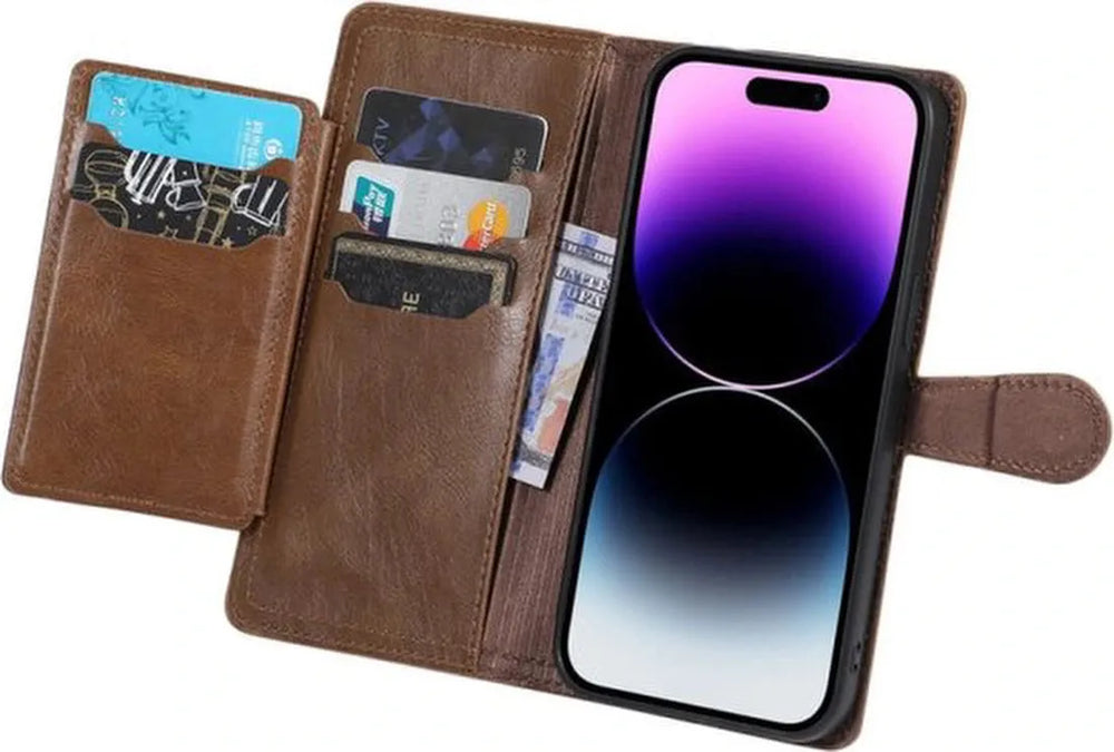 iPhone 15 Pro Max Hoesjes – Portemonnee Flipcover met Ritssluiting – Magneetsluiting – 5 Pasjeshouder – Donkerbruin-Ilumina Benelux
