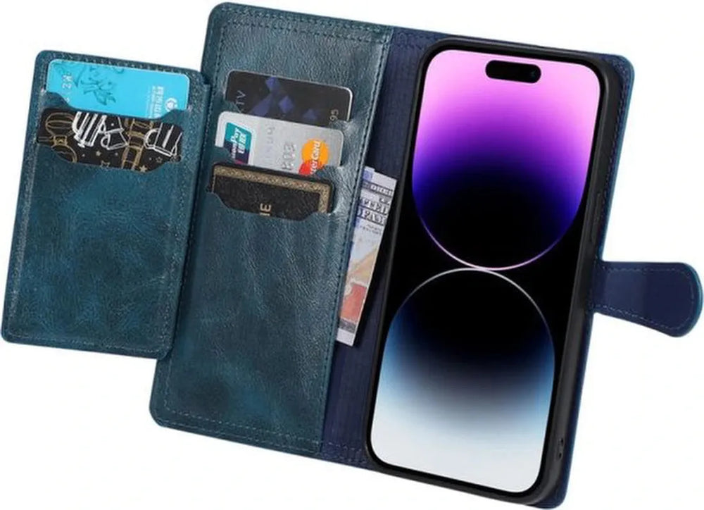 iPhone 15 Pro Max Hoesjes – Bookcase Flipcover met Ritssluiting – Magneetsluiting – 5 Pasjeshouder – Blauw-Ilumina Benelux