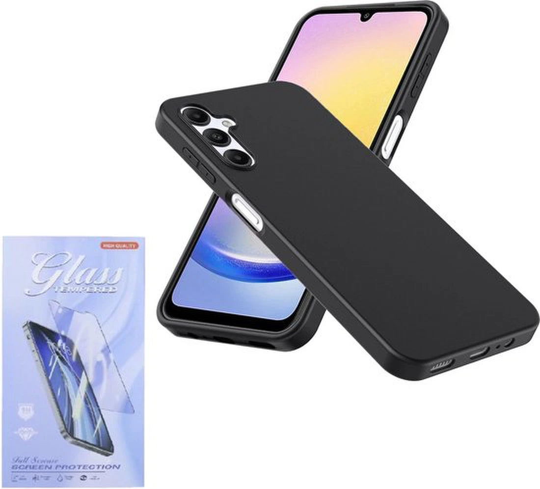 Samsung Galaxy A25 Hoesjes – Siliconen Backcover – Soft Grip – Zwart + 3x Screenprotector – Gehard Glas – Anti-kras – Transparant