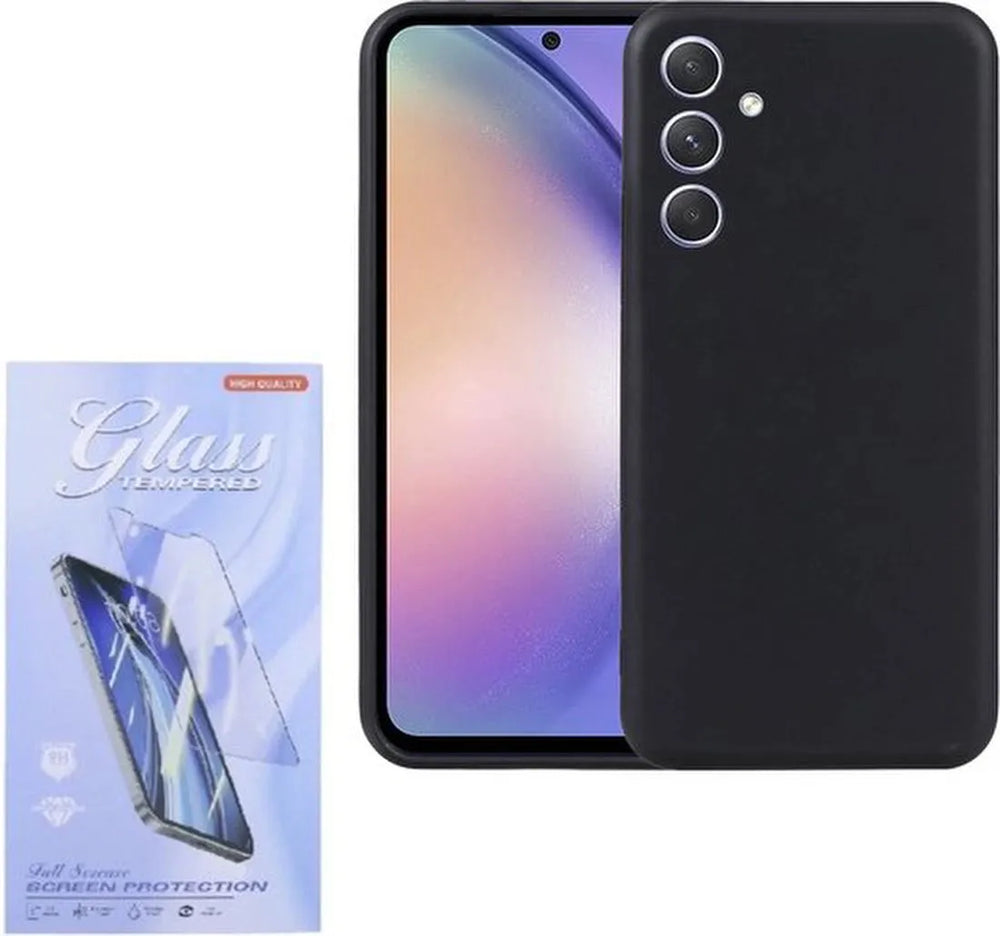 Samsung Galaxy A55 Hoesjes – Siliconen Backcover – Soft Touch – Zwart + 3x Screenprotector – Gehard Glas – Anti-kras – Transparant-Ilumina Benelux
