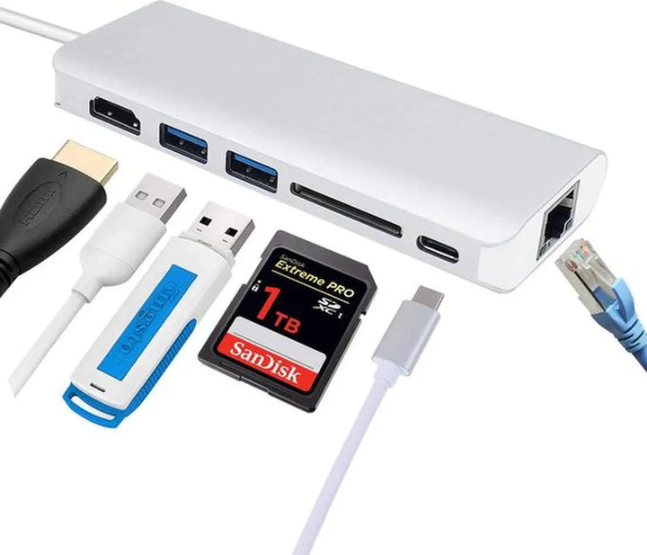 USB-C hub – Geschikt voor MacBook Pro/Air & USB-C laptops – 6-in-1 – 4K HDMI, 1Gbps Ethernet, 60W PD – Grijs-Ilumina Benelux