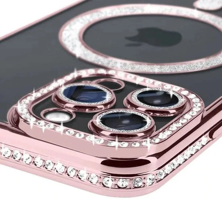 iPhone 15 Pro Max Hoesjes – MagSafe Glitter Backcover – Diamantjes – Glamour – Roségoud-Ilumina Benelux