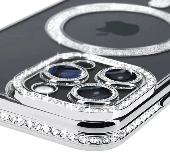 iPhone 14 Hoesjes – MagSafe Glitter Backcover – Diamantjes – Glamour – Zilver-Ilumina Benelux