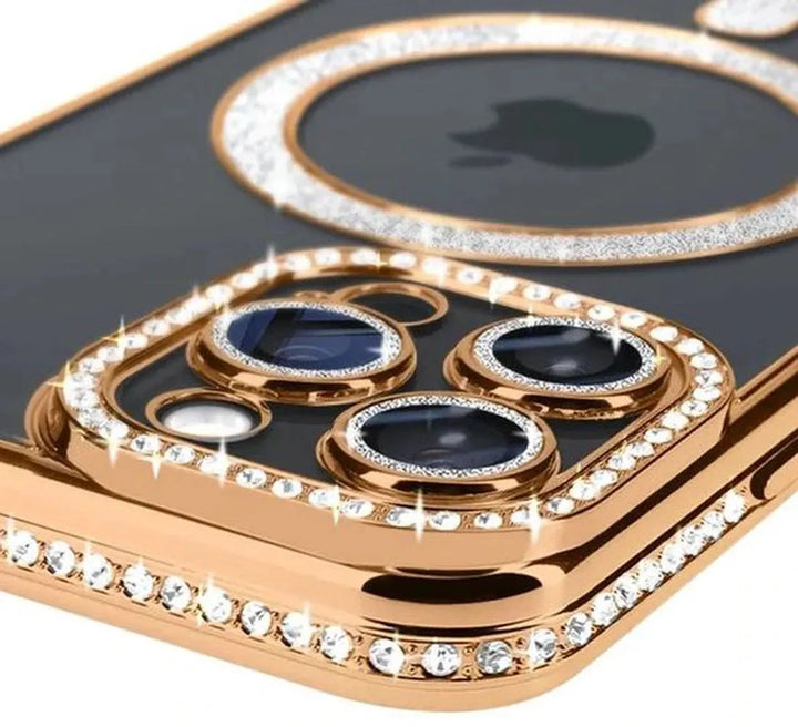iPhone 13 Pro Max Hoesjes – MagSafe Glitter Backcover – Strass Diamantjes – Glamour – Goud-Ilumina Benelux