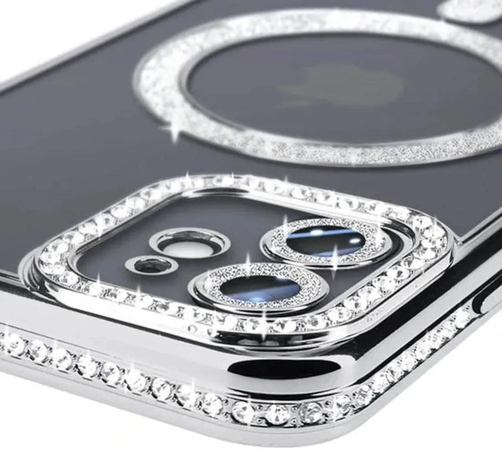 iPhone 12 Pro Max Hoesjes – MagSafe Glitter Backcover – Strass Diamantjes – Glamour – Zilver-Ilumina Benelux