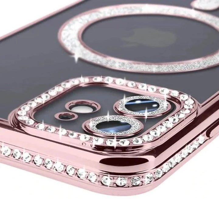 iPhone 12 Pro Hoesjes – MagSafe Glitter Backcover – Diamantjes – Glamour – Roségoud-Ilumina Benelux