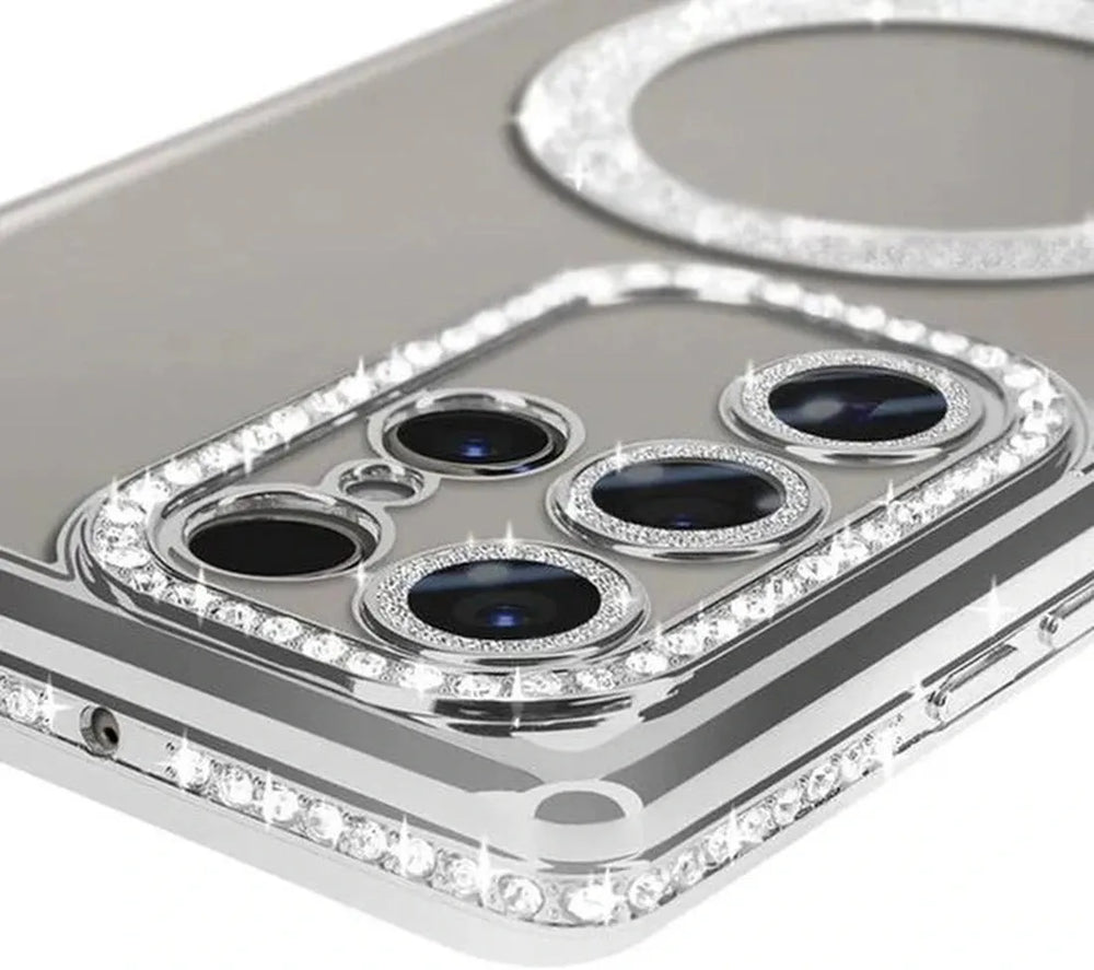 Samsung Galaxy S23 Ultra Hoesjes – MagSafe Glitter Backcover – Strass Diamantjes – Glamour – Zilver-Ilumina Benelux