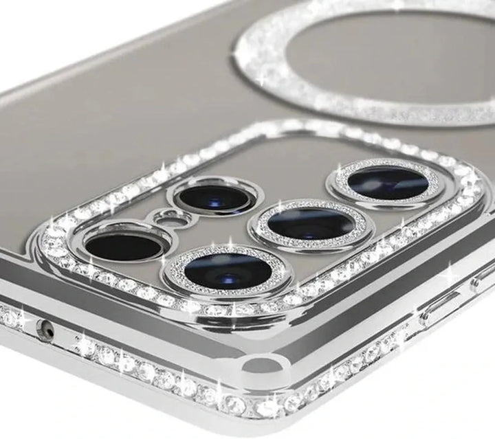 Samsung Galaxy S22 Ultra Hoesjes – MagSafe Glitter Backcover – Diamantjes – Glamour – Zilver-Ilumina Benelux