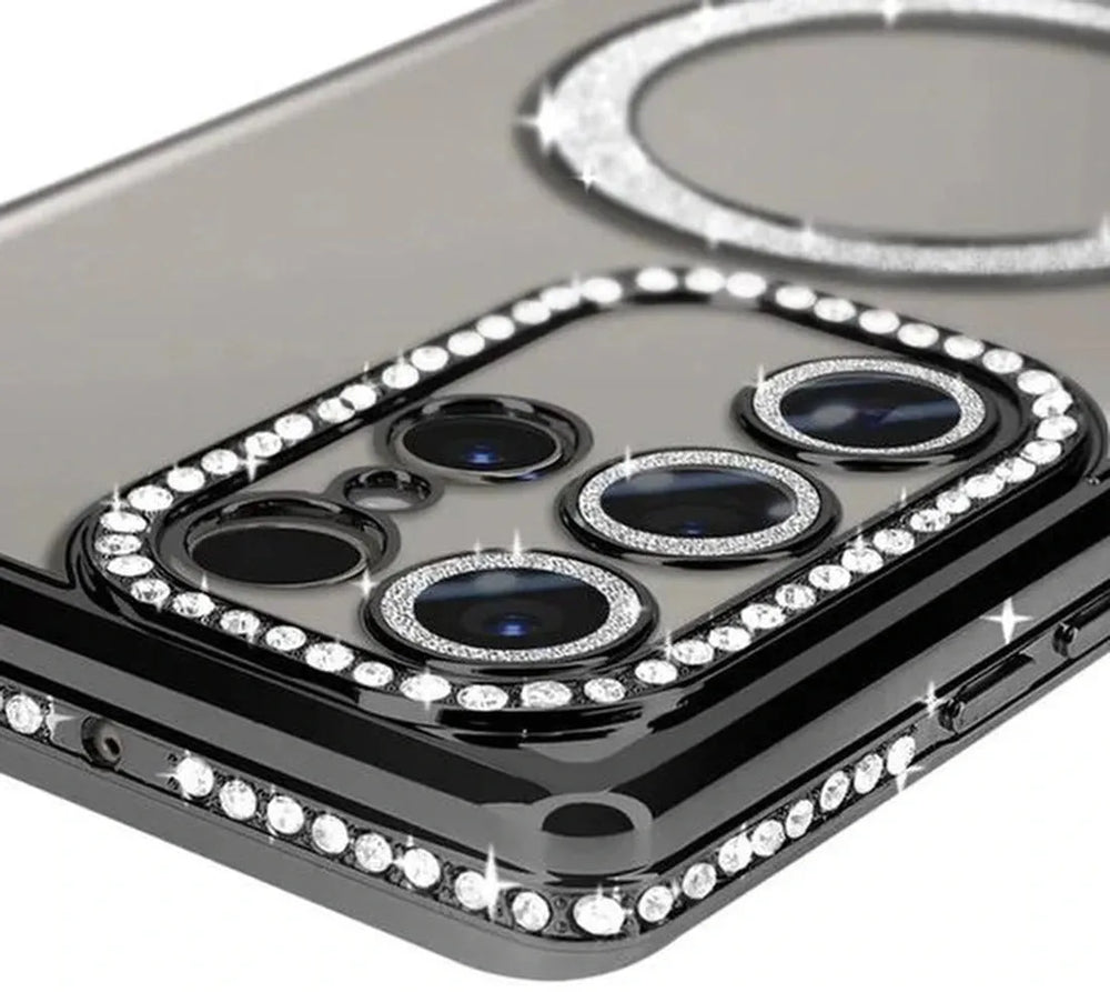 Samsung Galaxy S22 Ultra Hoesjes – MagSafe Glitter Backcover – Strass Diamantjes – Glamour – Zwart-Ilumina Benelux