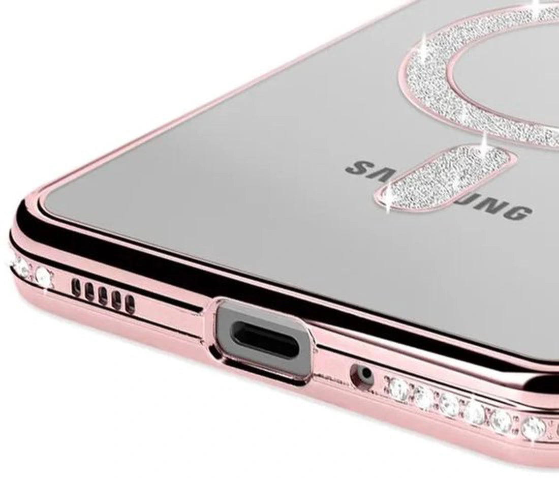 Samsung Galaxy S25 Hoesjes – MagSafe Glitter Backcover – Strass Diamantjes – Glamour – Roségoud