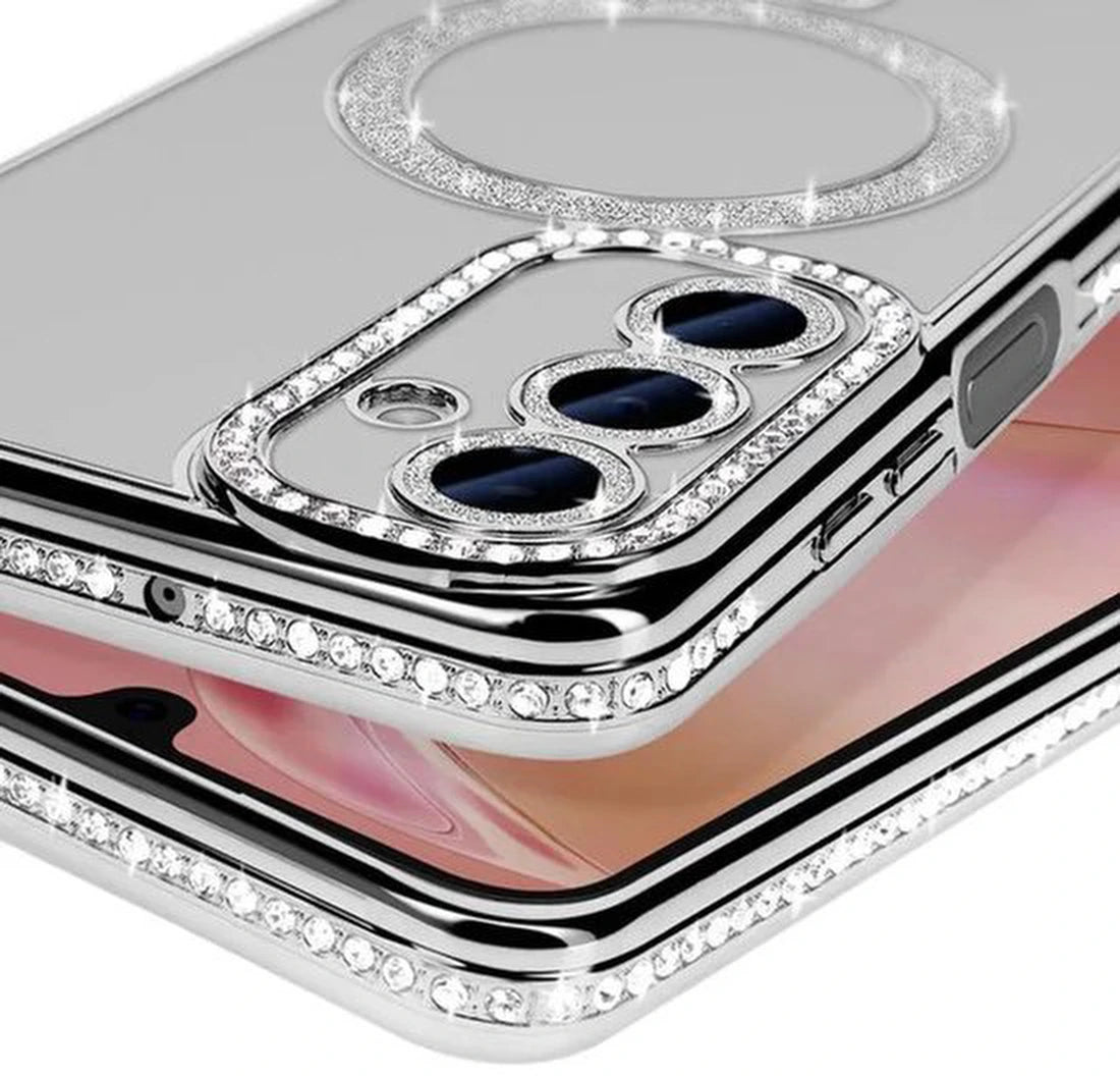 Samsung Galaxy S23 Hoesjes – MagSafe Glitter Backcover – Strass Diamantjes – Glamour – Zilver