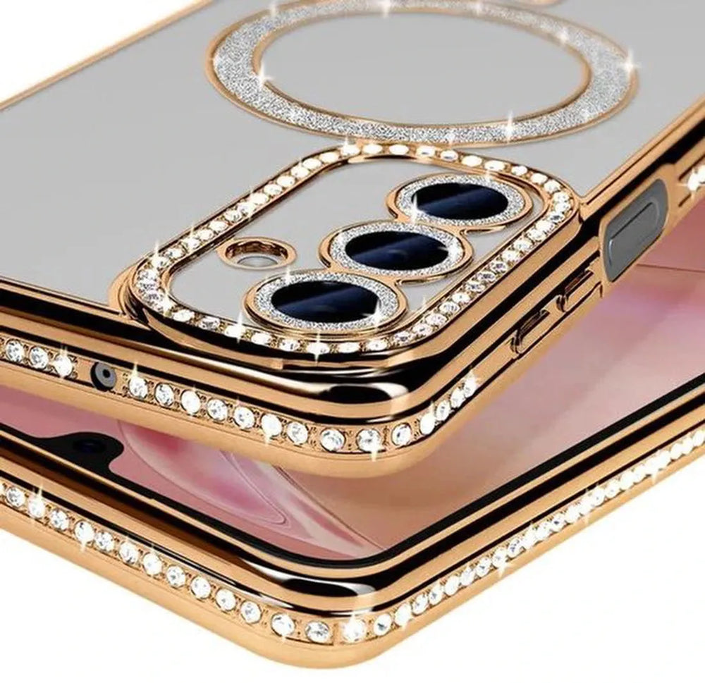 Samsung Galaxy S23 Hoesjes – MagSafe Glitter Backcover – Diamantjes – Glamour – Goud-Ilumina Benelux