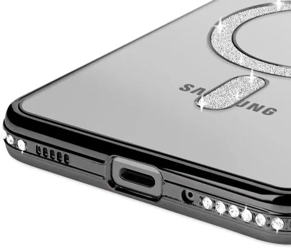 Samsung Galaxy S23 Plus Hoesjes – MagSafe Glitter Backcover – Strass Diamantjes – Glamour – Zwart-Ilumina Benelux