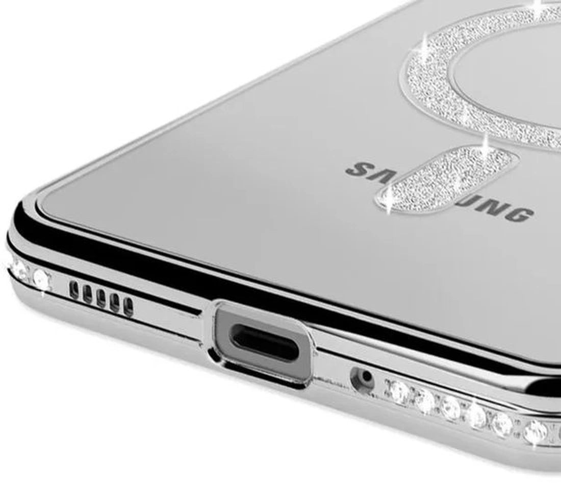 Samsung Galaxy A25 Hoesjes – MagSafe Glitter Backcover – Diamantjes – Glamour – Zilver