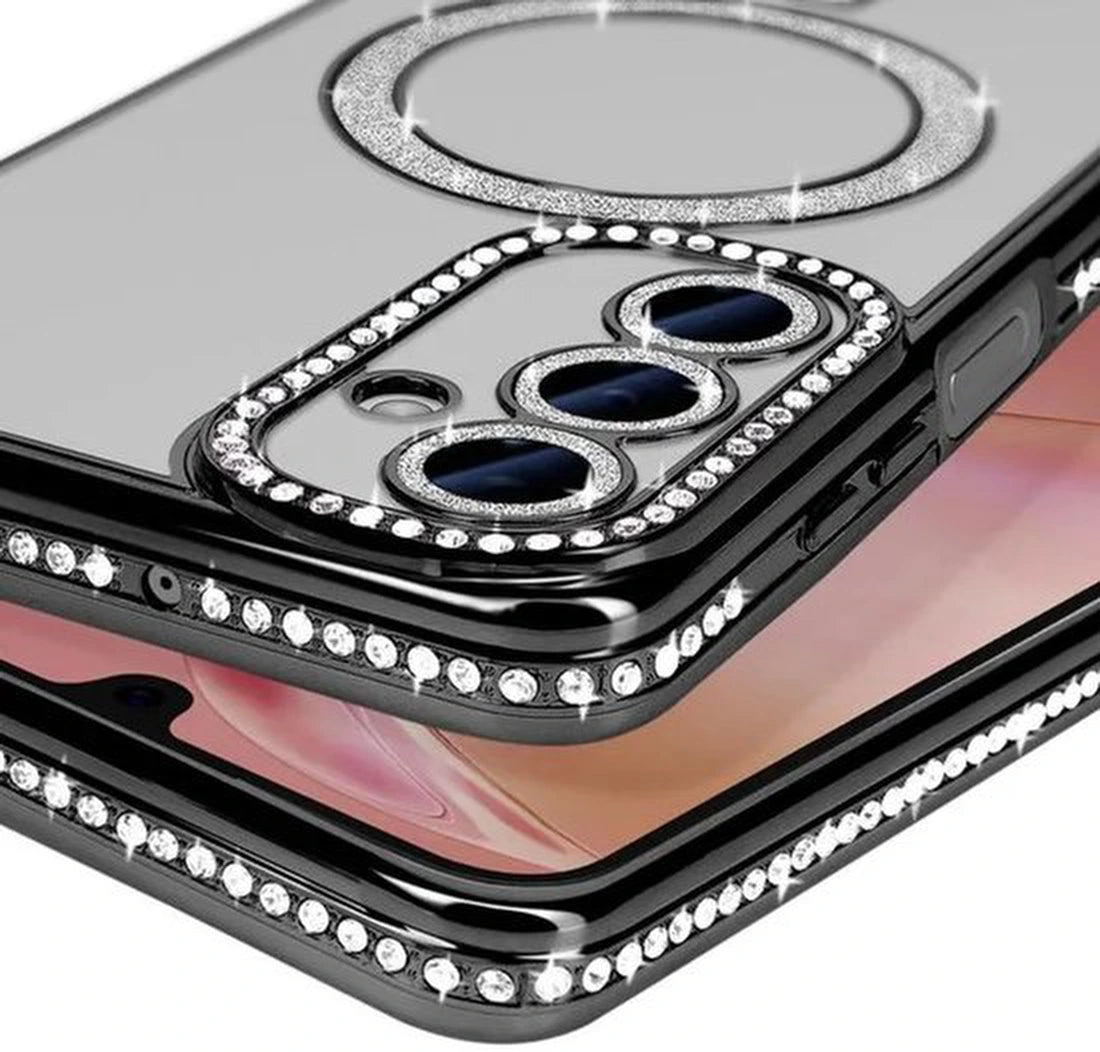 Samsung Galaxy A25 Hoesjes – MagSafe Glitter Backcover – Diamantjes – Glamour – Zwart