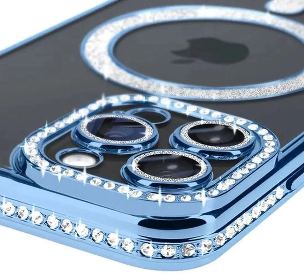 iPhone 14 Pro Max Hoesjes – MagSafe Glitter Backcover – Diamantjes – Glamour – Blauw-Ilumina Benelux