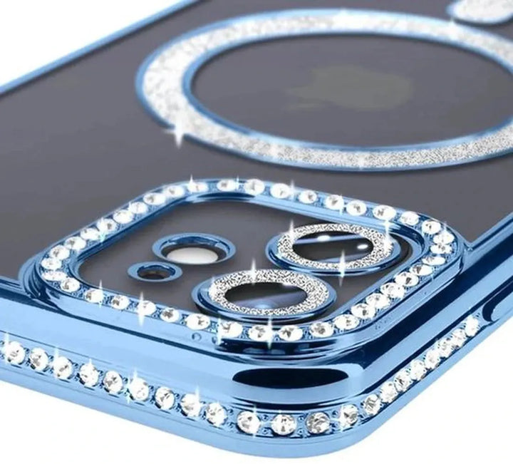 iPhone 11 Pro Max Hoesjes – MagSafe Backcover – Glitter & Diamantjes – Glamour – Blauw-Ilumina Benelux