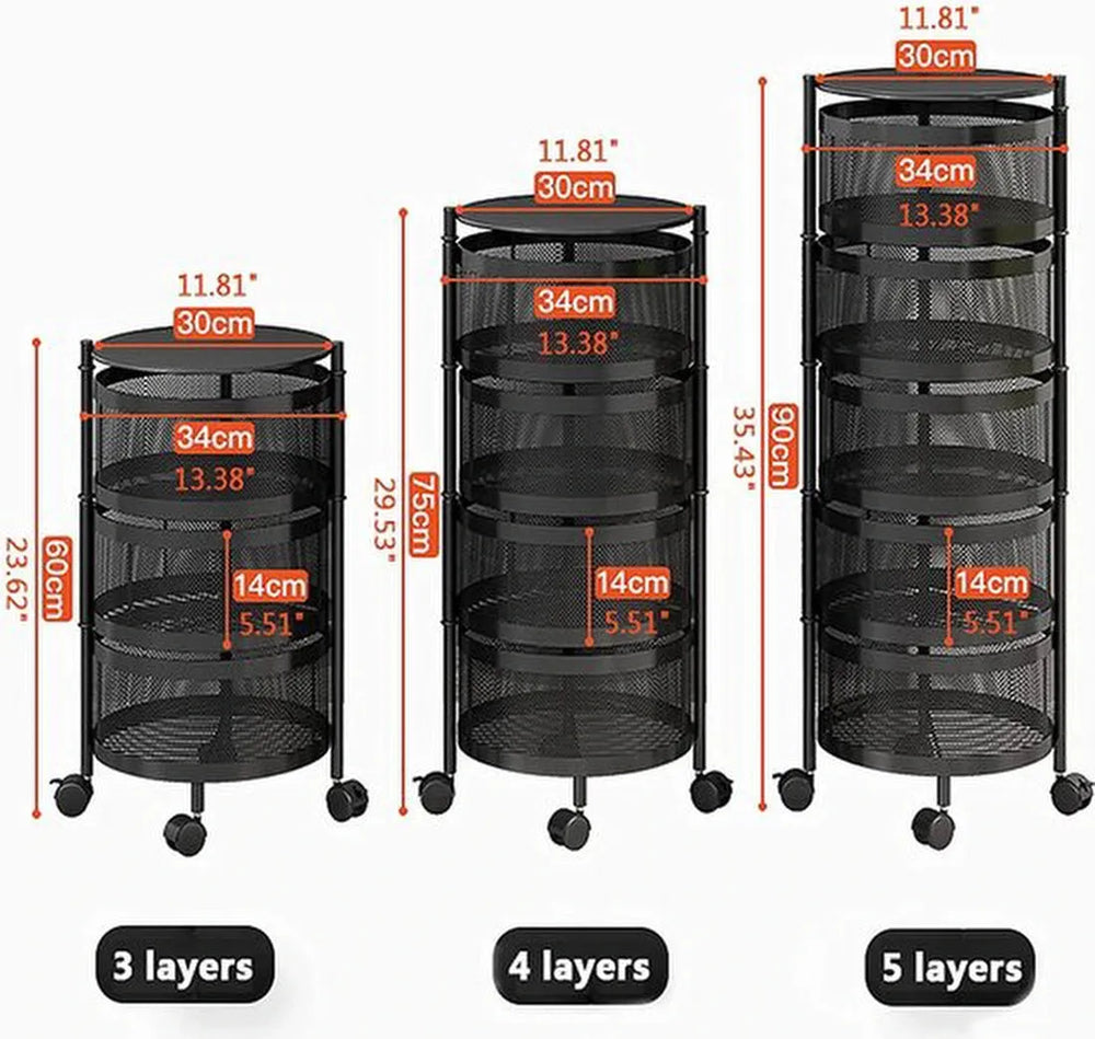 Keuken opbergrek – 5-laags draaibare fruit- en groentemand – Met wielen – Metalen opslagmand 180° – Zwart-Kast-Ilumina Benelux