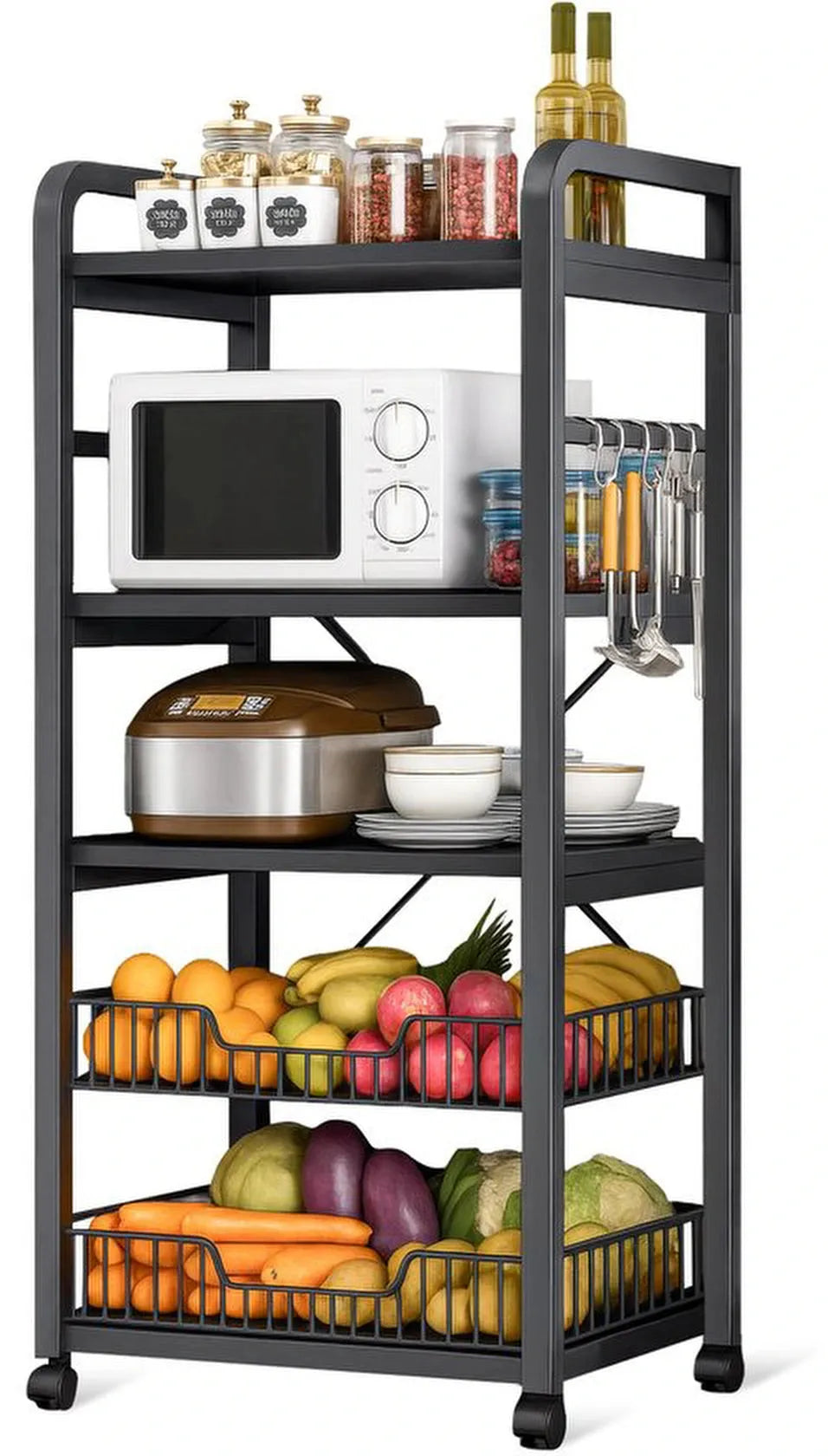 Keukenrek – Velox Goods VL-523 4-Laags Opbergrek met Magnetronplank – Metalen Staand Rek – Zwart-Keukenmeubelset-Ilumina Benelux