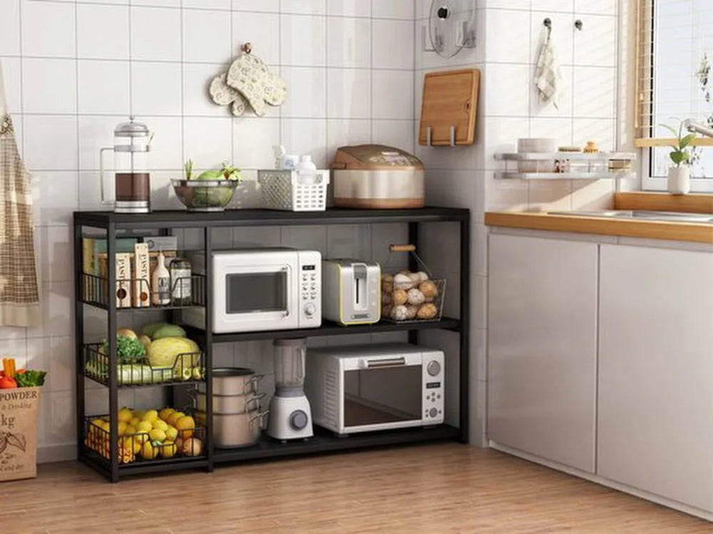 Keukeneiland – Staand keukenrek 3 planken & werkblad – Magnetronkast – Organizer voor groente, fruit & apparaten – Zwart-Keukenmeubelset-Ilumina Benelux