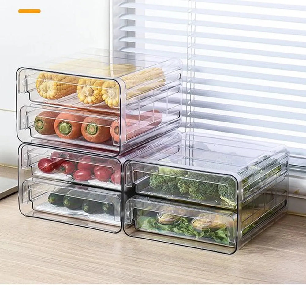 Koelkast organizer – Stapelbare PET opbergbox lade – Voor groente, fruit & vlees – 24×21,5×14 cm – Transparant-Keukenkastorganizer-Ilumina Benelux