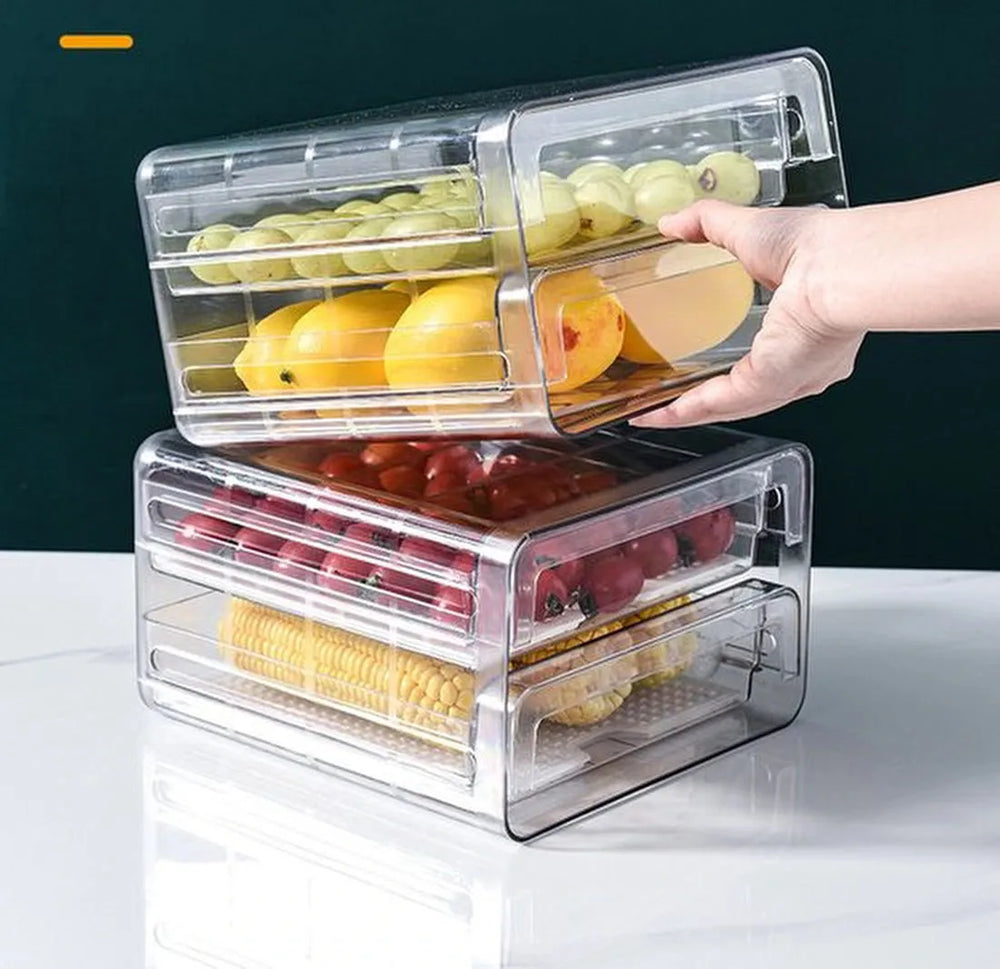 Koelkast organizer – Stapelbare PET opbergbox lade – Voor groente, fruit & vlees – 24×21,5×14 cm – Transparant-Keukenkastorganizer-Ilumina Benelux