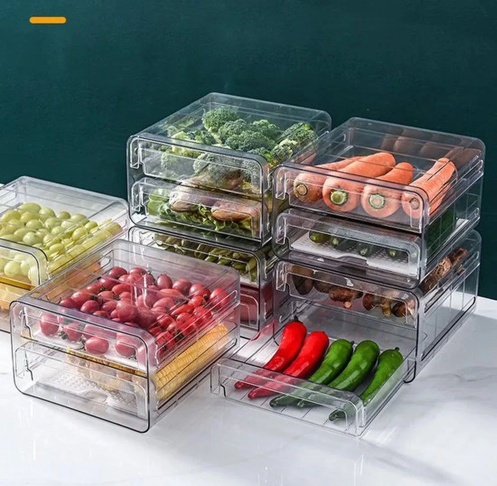 Koelkast organizer – Stapelbare PET opbergbox lade – Voor groente, fruit & vlees – 24×21,5×14 cm – Transparant-Keukenkastorganizer-Ilumina Benelux