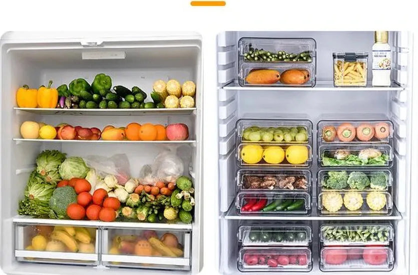 Koelkast organizer – Stapelbare PET opbergbox lade – Voor groente, fruit & vlees – 24×21,5×14 cm – Transparant-Keukenkastorganizer-Ilumina Benelux