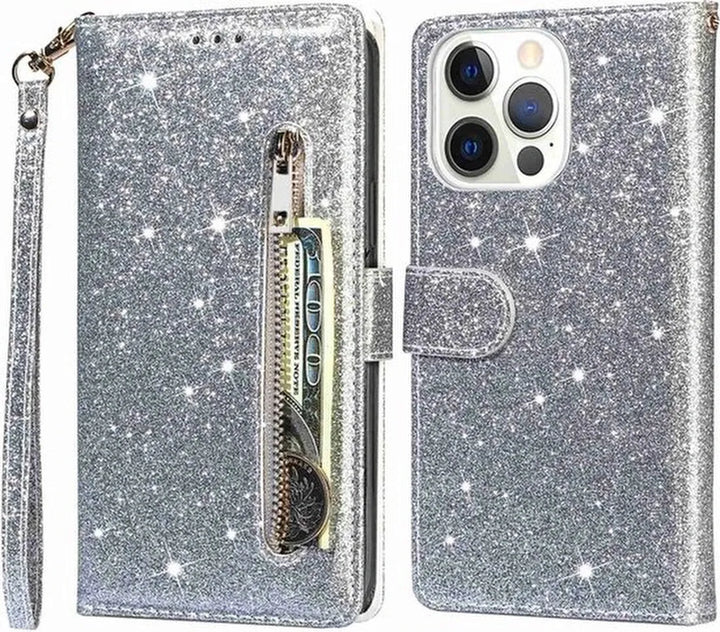 iPhone 15 Pro Max Hoesjes – Glitter Portemonneehoes – Rits & Koord – Pasjeshouder – Zilver-Ilumina Benelux