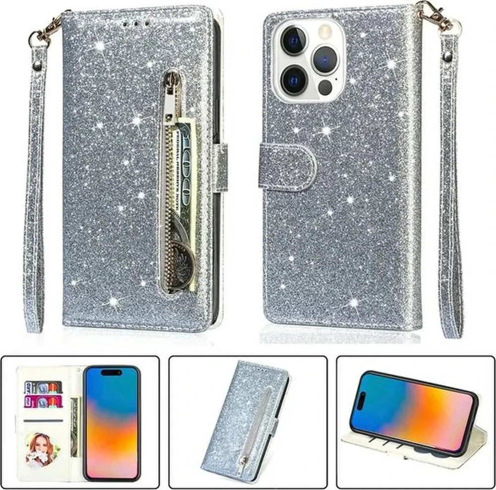 iPhone 15 Pro Hoesjes – Glitter Portemonnee Hoes – Rits & Koord – Pasjeshouder – Zilver-Ilumina Benelux
