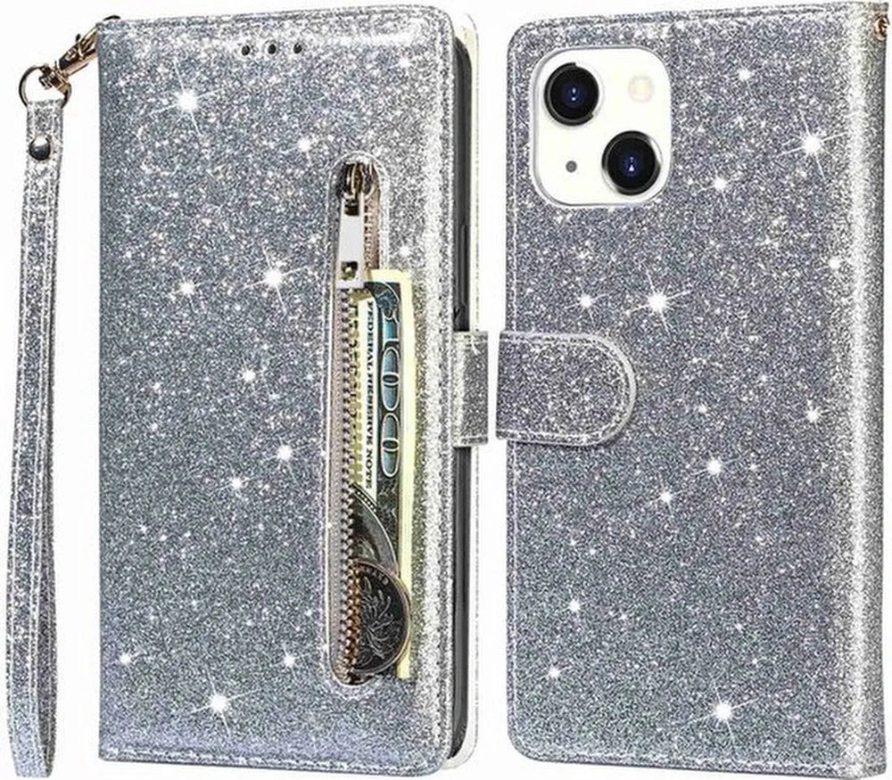 iPhone 15 Plus Hoesjes – Glitter Portemonnee Hoes – Rits & Koord – Zilver-Ilumina Benelux
