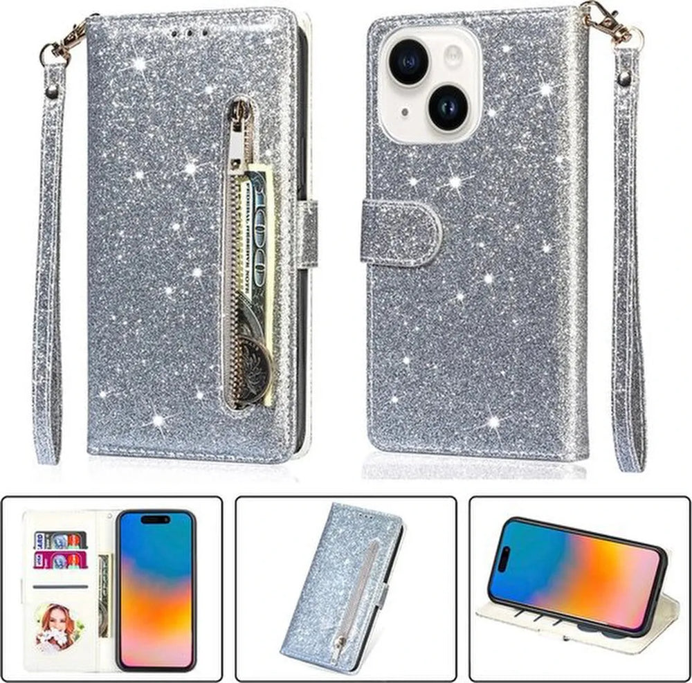 iPhone 15 Plus Hoesjes – Glitter Portemonnee Hoes – Rits & Koord – Zilver-Ilumina Benelux