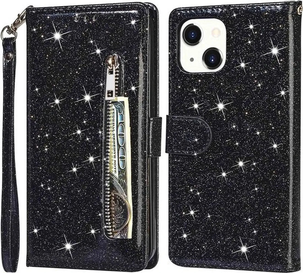 iPhone 15 Plus Hoesjes – Glitter Portemonneehoes – Rits & Koord – Pasjeshouder – Zwart-Ilumina Benelux