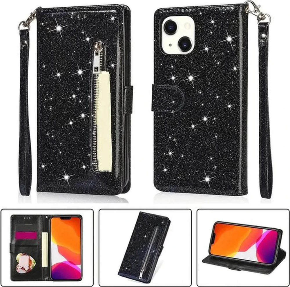 iPhone 15 Plus Hoesjes – Glitter Portemonneehoes – Rits & Koord – Pasjeshouder – Zwart-Ilumina Benelux