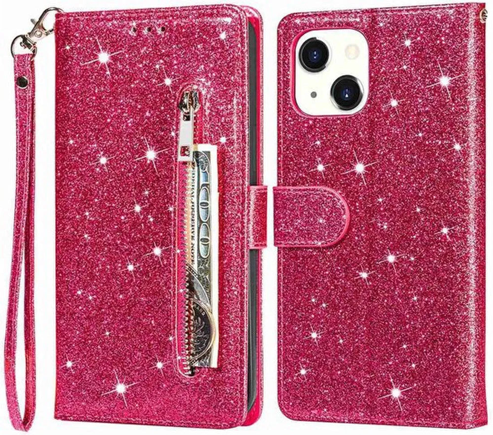 iPhone 15 Plus Hoesjes – Glitter Portemonnee Hoes – Rits & Koord – Pasjeshouder – Roze-Ilumina Benelux