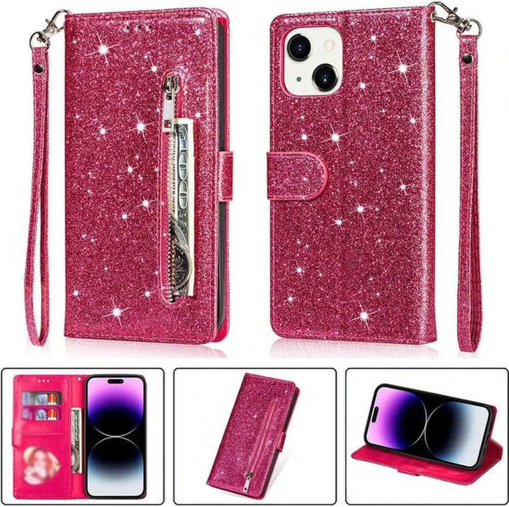 iPhone 15 Plus Hoesjes – Glitter Portemonnee Hoes – Rits & Koord – Pasjeshouder – Roze-Ilumina Benelux