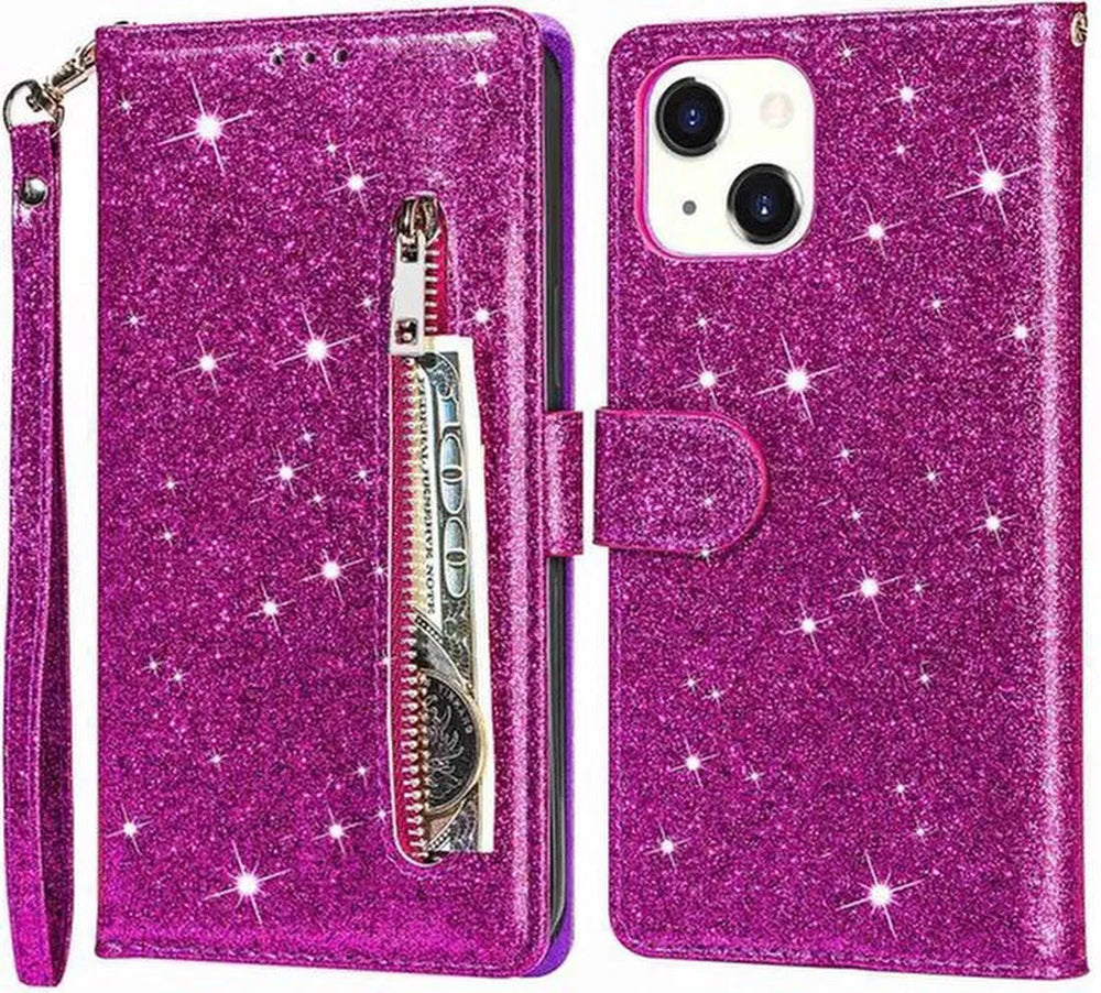 iPhone 15 Plus Hoesjes – Glitter Portemonnee Hoes – Rits & Koord – Pasjeshouder – Paars-Ilumina Benelux