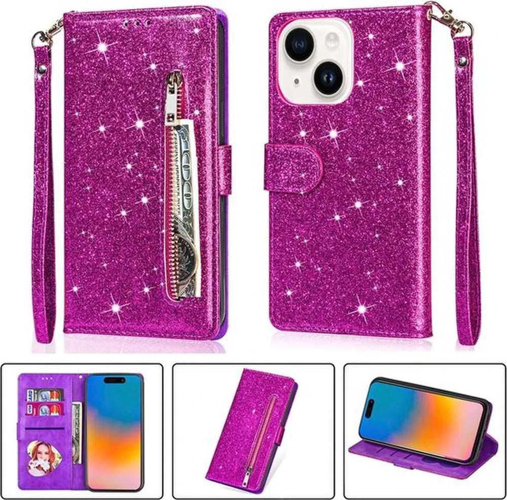 iPhone 15 Plus Hoesjes – Glitter Portemonnee Hoes – Rits & Koord – Pasjeshouder – Paars-Ilumina Benelux
