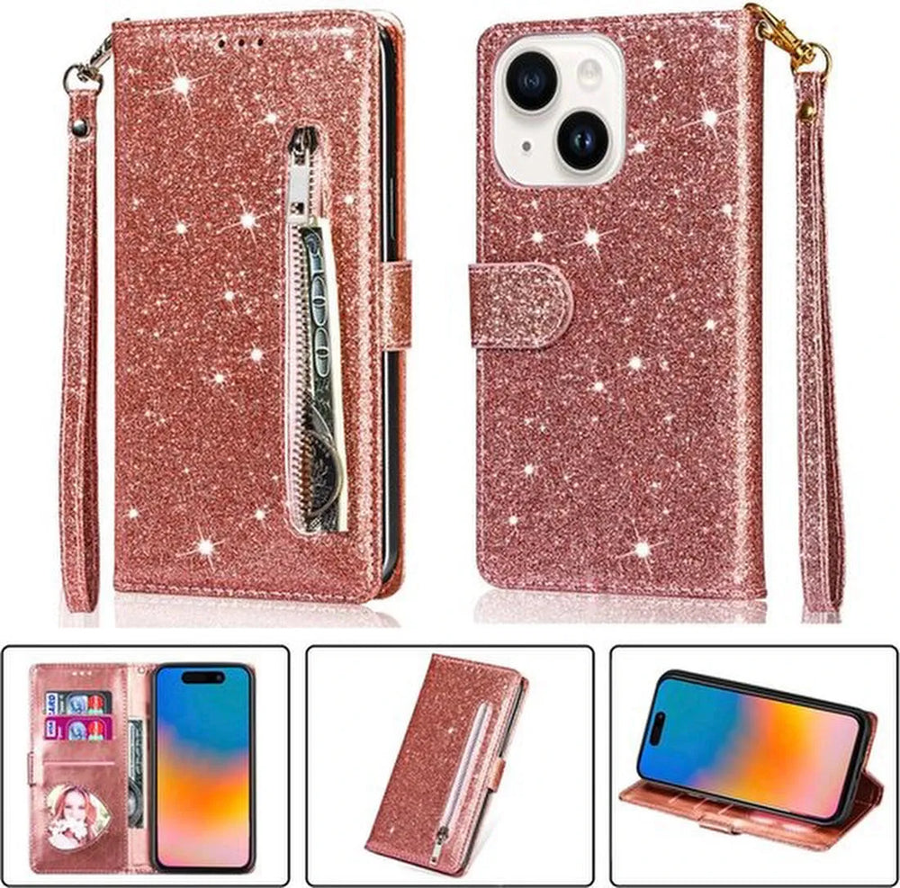iPhone 15 Plus Hoesjes – Glitter Portemonneehoes – Rits & Koord – Pasjeshouder – Roségoud-Ilumina Benelux