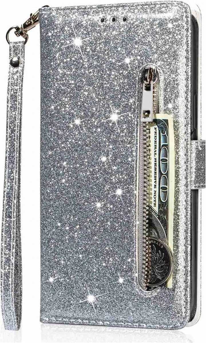 iPhone 14 Pro Max Hoesjes – Glitter Portemonnee Hoes – Rits & Koord – Pasjeshouder – Zilver-Ilumina Benelux